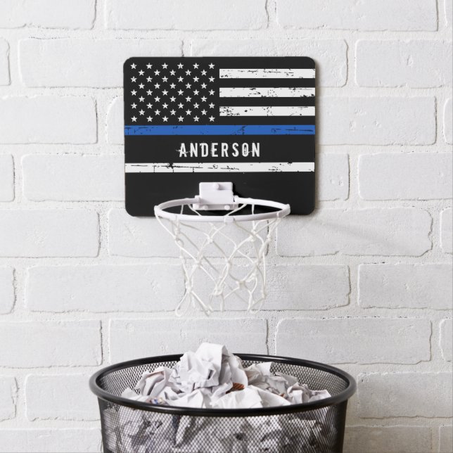 Personalized Police Flag Thin Blue Line Mini Basketball Hoop (In Situ)