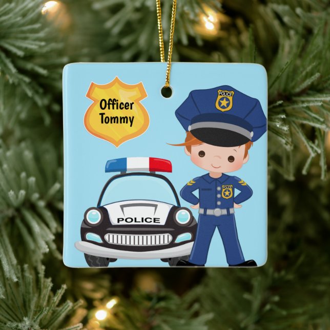 Personalized Police Officer and Patrol Car Kids Ceramic Ornament (Tree)