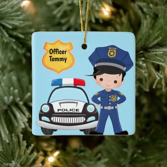 Personalized Police Officer and Patrol Car Kids Ceramic Ornament (Tree)