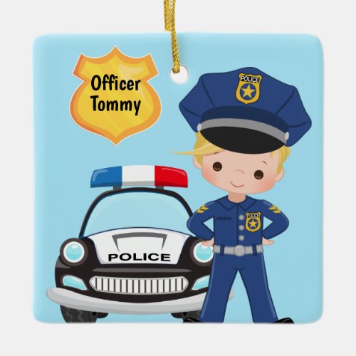 Personalized Police Officer and Patrol Car Kids Ceramic Ornament