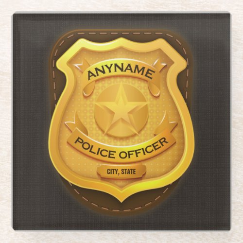 Personalized Police Officer Sheriff Cop NAME Badge Glass Coaster