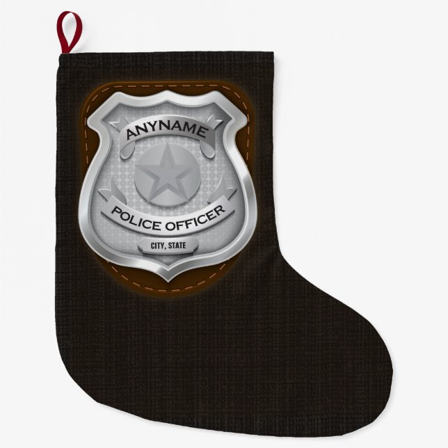 Personalized Police Officer Sheriff Cop NAME Badge Large Christmas Stocking (Front)