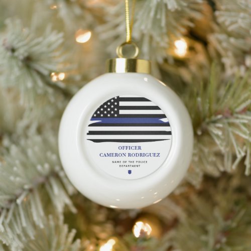 Personalized Police Officer Thin Blue Line Flag Ceramic Ball Christmas Ornament