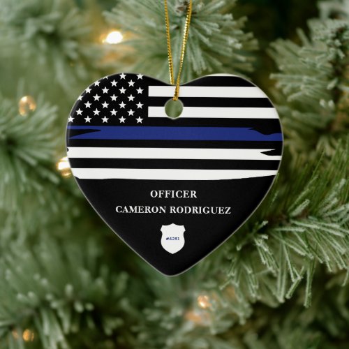 Personalized Police Officer Thin Blue Line Flag Ceramic Ornament