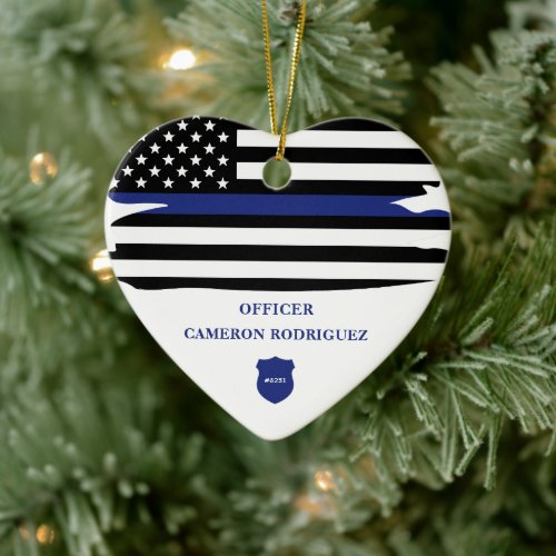 Personalized Police Officer Thin Blue Line Flag Ceramic Ornament
