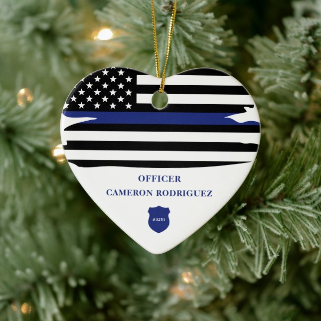 Personalized Police Officer Thin Blue Line Flag Ceramic Ornament (Tree)