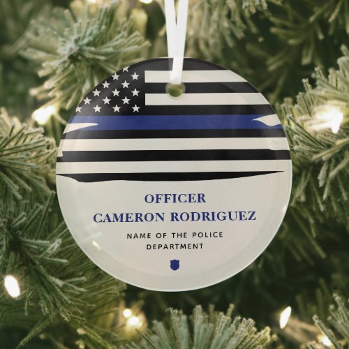 Personalized Police Officer Thin Blue Line Flag Glass Ornament