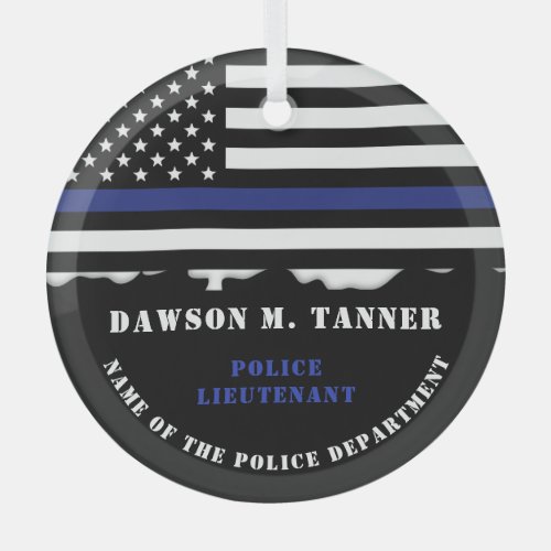 Personalized Police Officer Thin Blue Line Flag Glass Ornament