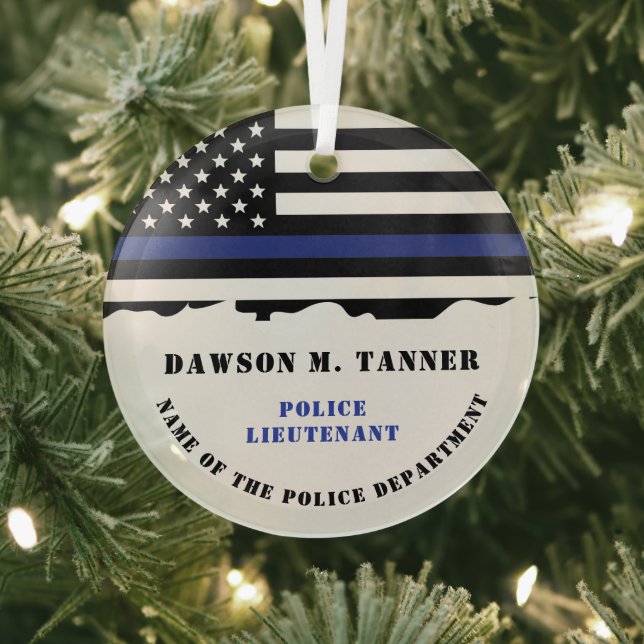 Personalized Police Officer Thin Blue Line Flag Glass Ornament (Insitu)