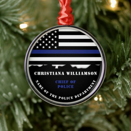 Personalized Police Officer Thin Blue Line Flag Metal Ornament