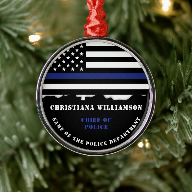 Personalized Police Officer Thin Blue Line Flag Metal Ornament (Tree)