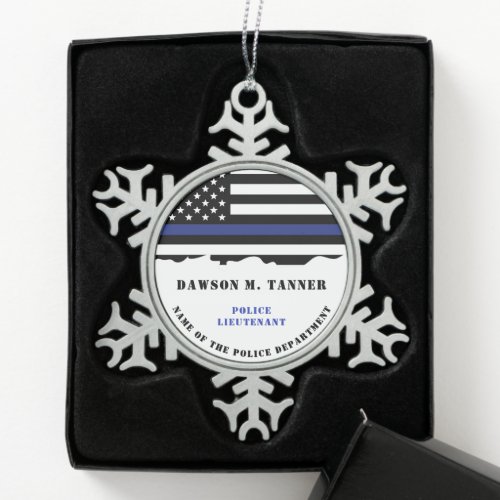 Personalized Police Officer Thin Blue Line Flag Snowflake Pewter Christmas Ornament