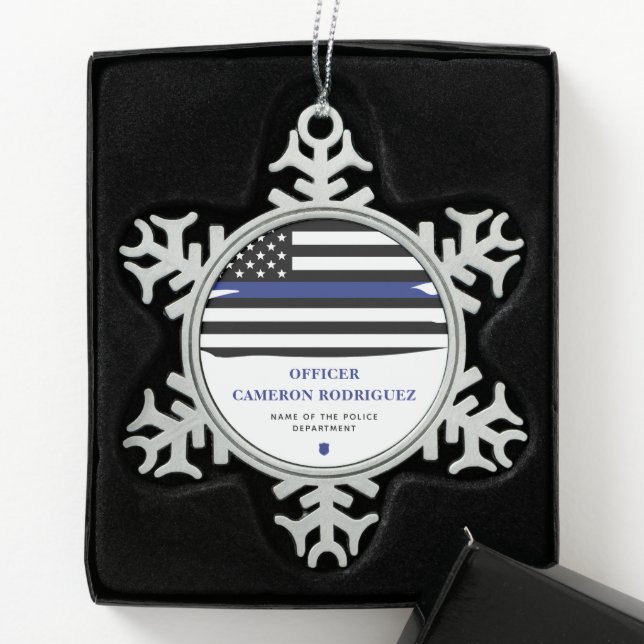 Personalized Police Officer Thin Blue Line Flag Snowflake Pewter Christmas Ornament (Box)