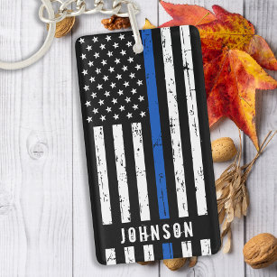 Personalized Police Officer Thin Blue Line Keychain