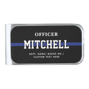 Personalized Police Officer Thin Blue Line Silver Finish Money Clip