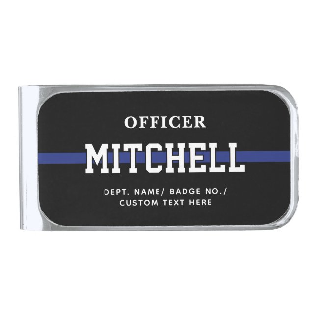 Personalized Police Officer Thin Blue Line Silver Finish Money Clip (Front)