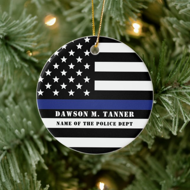 Personalized Police Officer Thin Blue Line US Flag Ceramic Ornament (Tree)