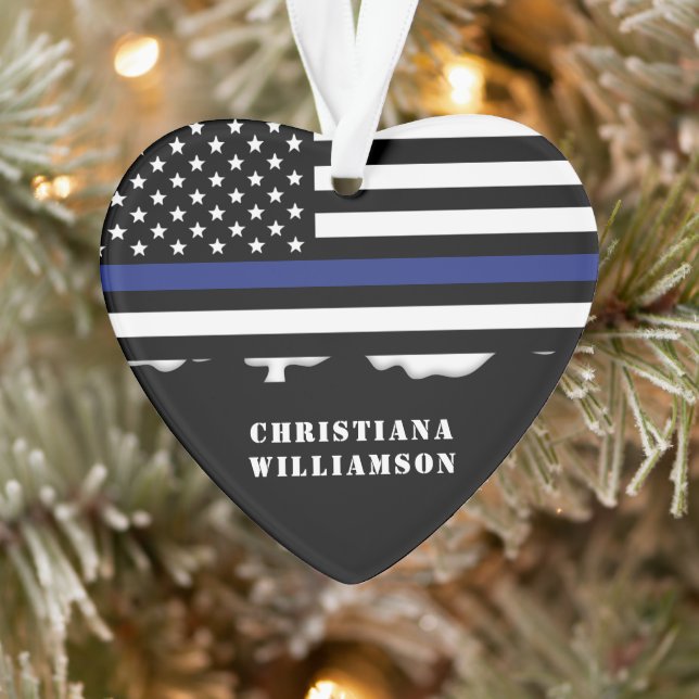 Personalized Police Officer Thin Blue Line US Flag Ornament (Tree)