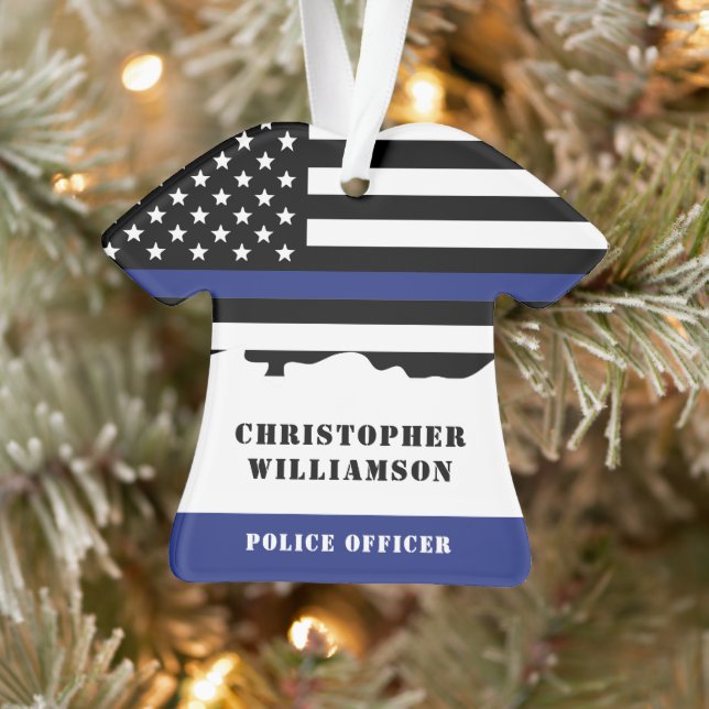 Personalized Police Officer Thin Blue Line US Flag Ornament (Tree)