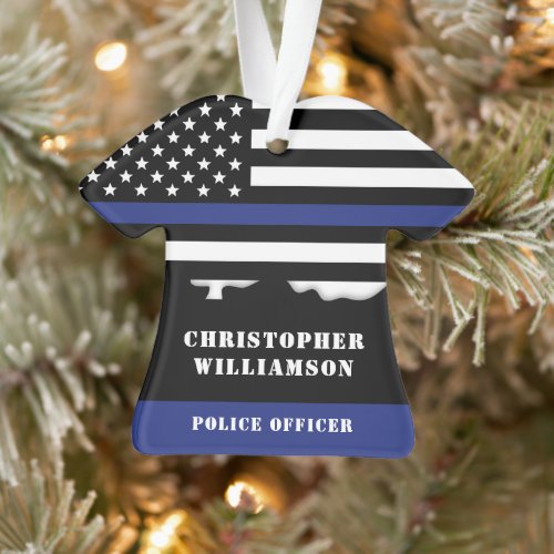 Personalized Police Officer Thin Blue Line US Flag Ornament