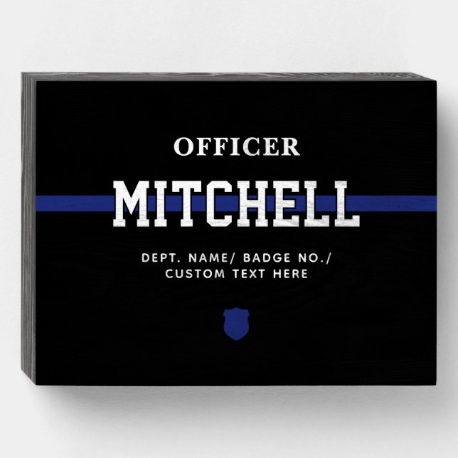 Personalized Police Officer Thin Blue Line Wooden Box Sign (Front Horizontal)