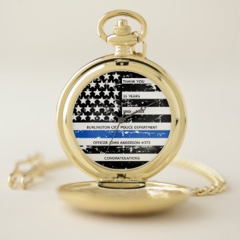 Personalized Police Retirement Thin Blue Line Flag Pocket Watch by BlackDogArtJudy at Zazzle