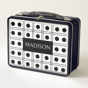 Personalized Polka Dot Black and White Checkered Metal Lunch Box