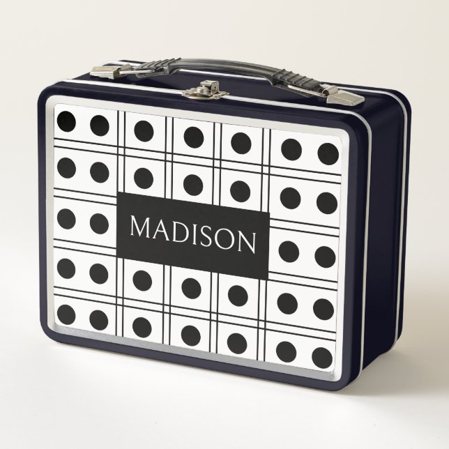  Personalized Polka Dot Black and White Checkered Metal Lunch Box (Front)