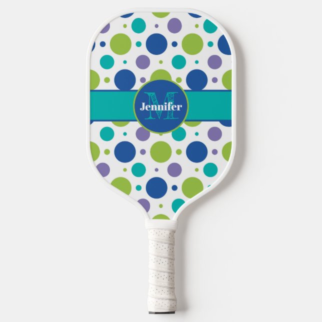 Personalized Polka Dot Lime, Purple, Teal, Blue Pickleball Paddle (Front)