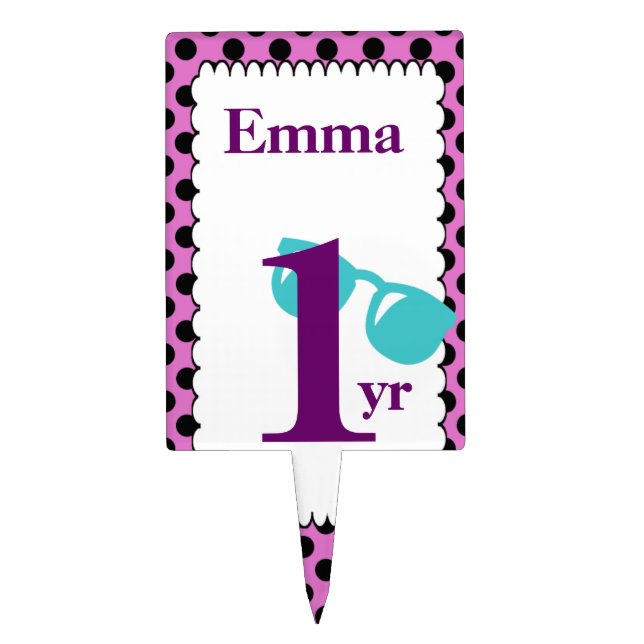 Personalized Polka Dot Pink Birthday Cake Topper (Front)