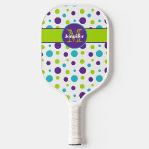 Personalized Polka Dot, Squares Lime, Purple, Teal Pickleball Paddle