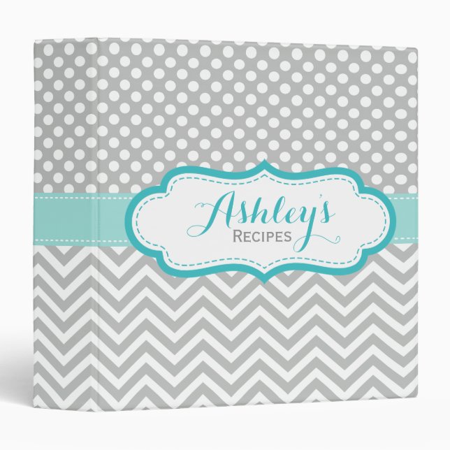 Personalized Polka Dots Chevron Gray Recipe Binder (Front/Spine)