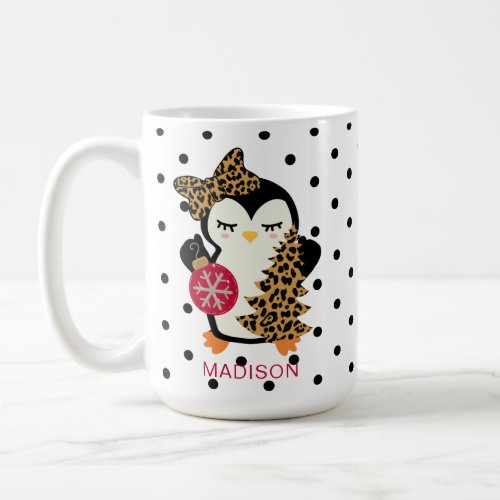 Personalized Polka Dots Christmas Penguin Holiday Coffee Mug