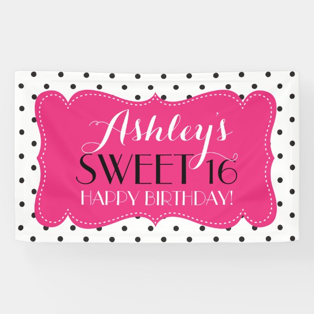 Personalized Polka Dots Sweet 16 Birthday Banner (Horizontal)