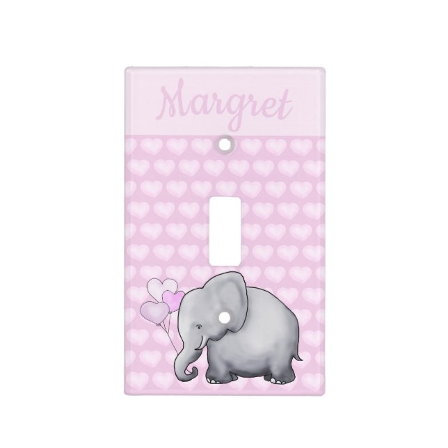 Personalized Polka Hearts Elephant Pink Nursery Light Switch Cover (Front)