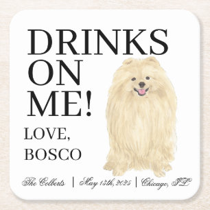 Personalized Pomeranian Dog Wedding Square Paper Coaster