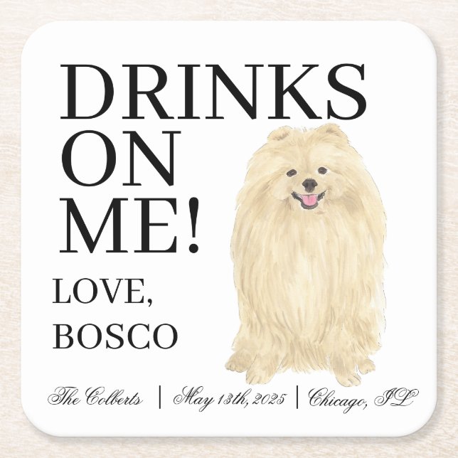 Personalized Pomeranian Dog Wedding Square Paper Coaster (Front)