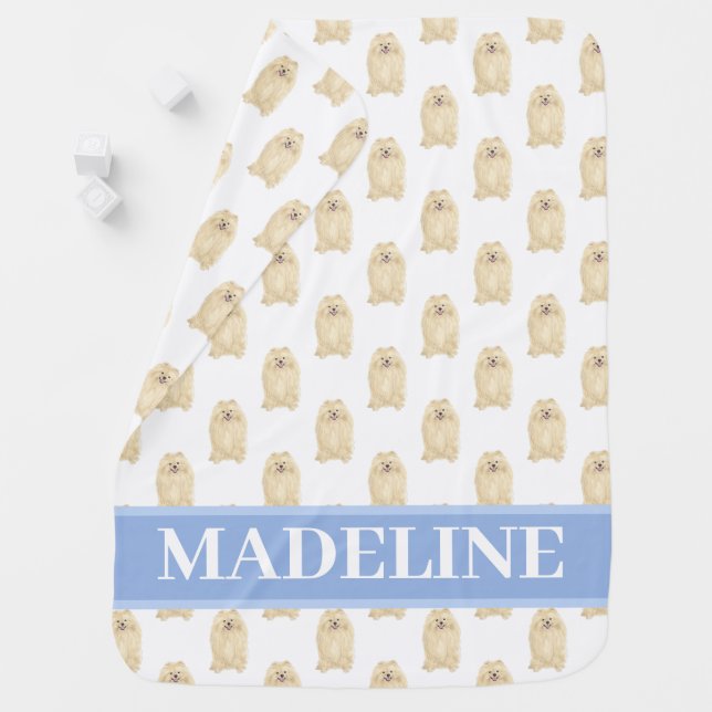 Personalized Pomeranian Pink & White Baby Blanket (In Situ)