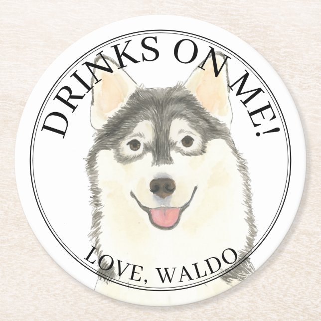 Personalized Pomsky Dog Wedding Round Paper Coaster (Front)