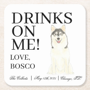 Personalized Pomsky Dog Wedding Square Paper Coaster