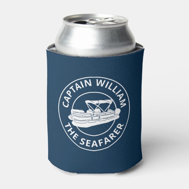 Personalized Pontoon Boat Owners White Navy Can Cooler (Can Front)
