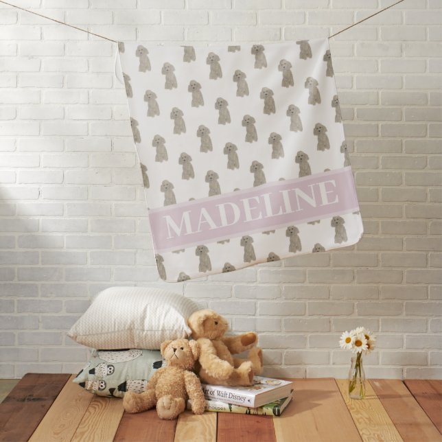 Personalized Poodle (Grey Silver) Pink & White Baby Blanket (In Situ)