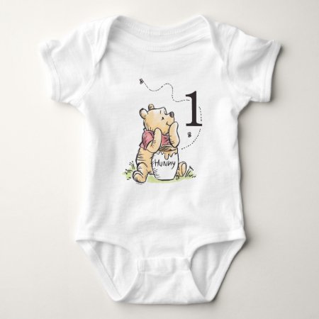 Personalized Pooh Watercolor First Birthday Baby Bodysuit