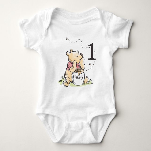 Personalized Pooh Watercolor First Birthday Baby Bodysuit (Front)