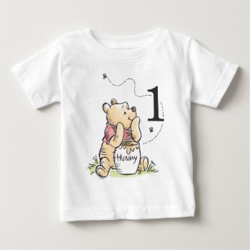 Personalized Pooh Watercolor First Birthday Baby T-shirt by winniethepooh at Zazzle