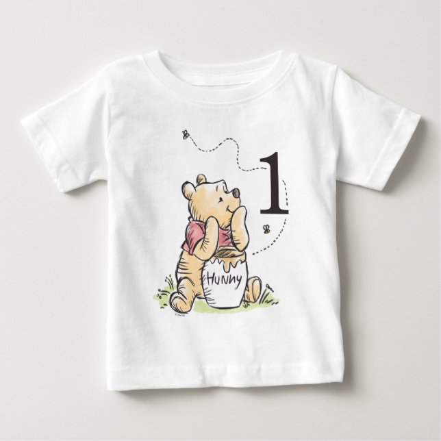 Personalized Pooh Watercolor First Birthday Baby T-Shirt (Front)