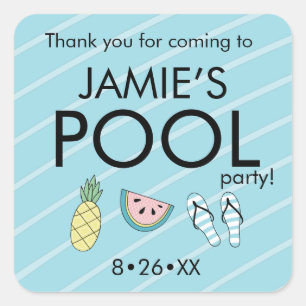 Personalized Pool birthday party summer icons Square Sticker