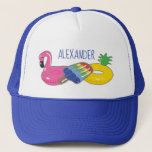 Personalized Pool Float Summer Fun Trucker Hat<br><div class="desc">This personalized hat is perfect for keeping the sun out of your eyes while relaxing by the pool. It features illustrations of three brightly colored pool floats in the shape of a flamingo,  a popsicle and a pineapple along with your name or custom message.</div>