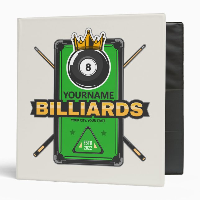 Personalized Pool Hall NAME 8 Ball Crown Billiards 3 Ring Binder (Front/Inside)