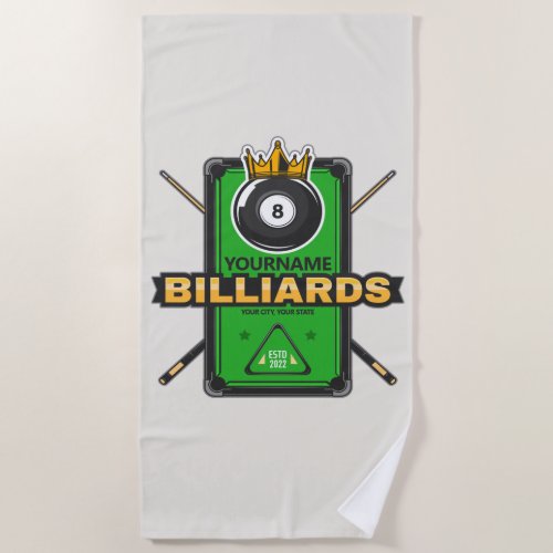 Personalized Pool Hall NAME 8 Ball Crown Billiards Beach Towel